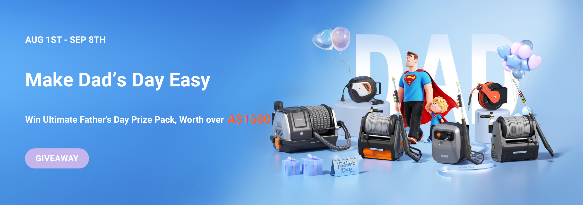 Promotional banner for Father's Day giveaway with prizes on a blue background