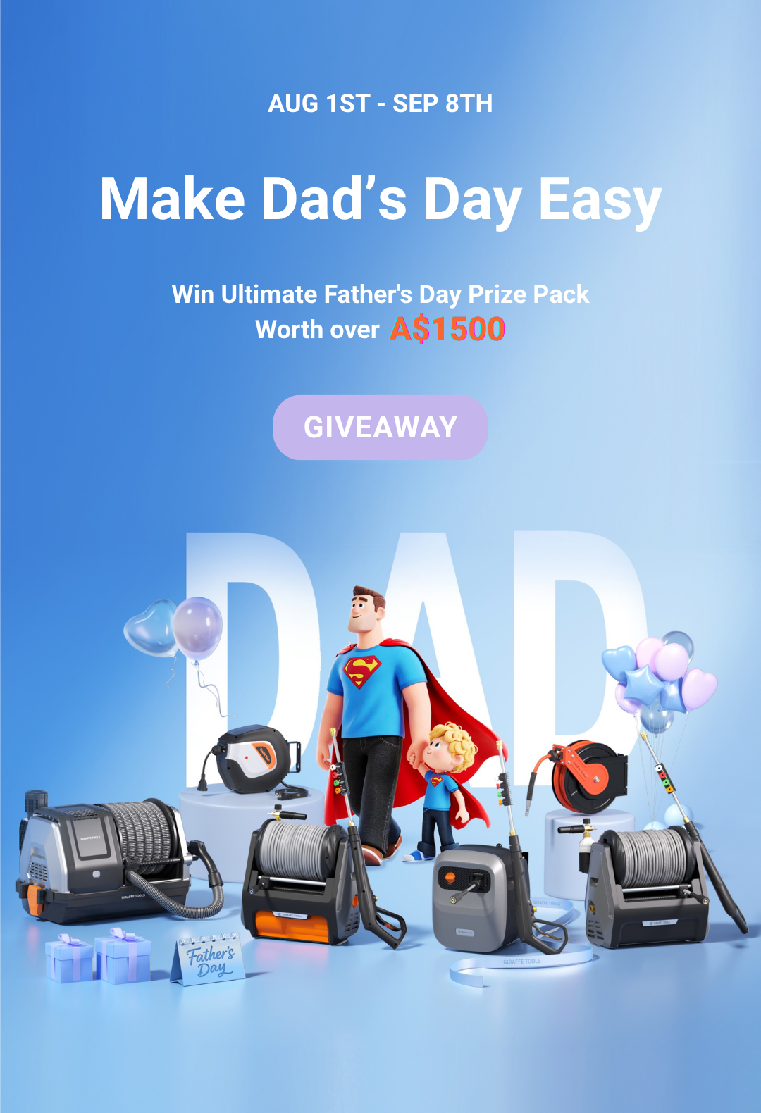 Promotional poster for a Father's Day giveaway with superhero-themed products on a blue background.